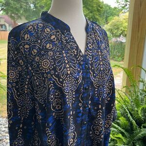 Catherine’s Blue Black Tan 3/4 Sleeve Print Top size OX